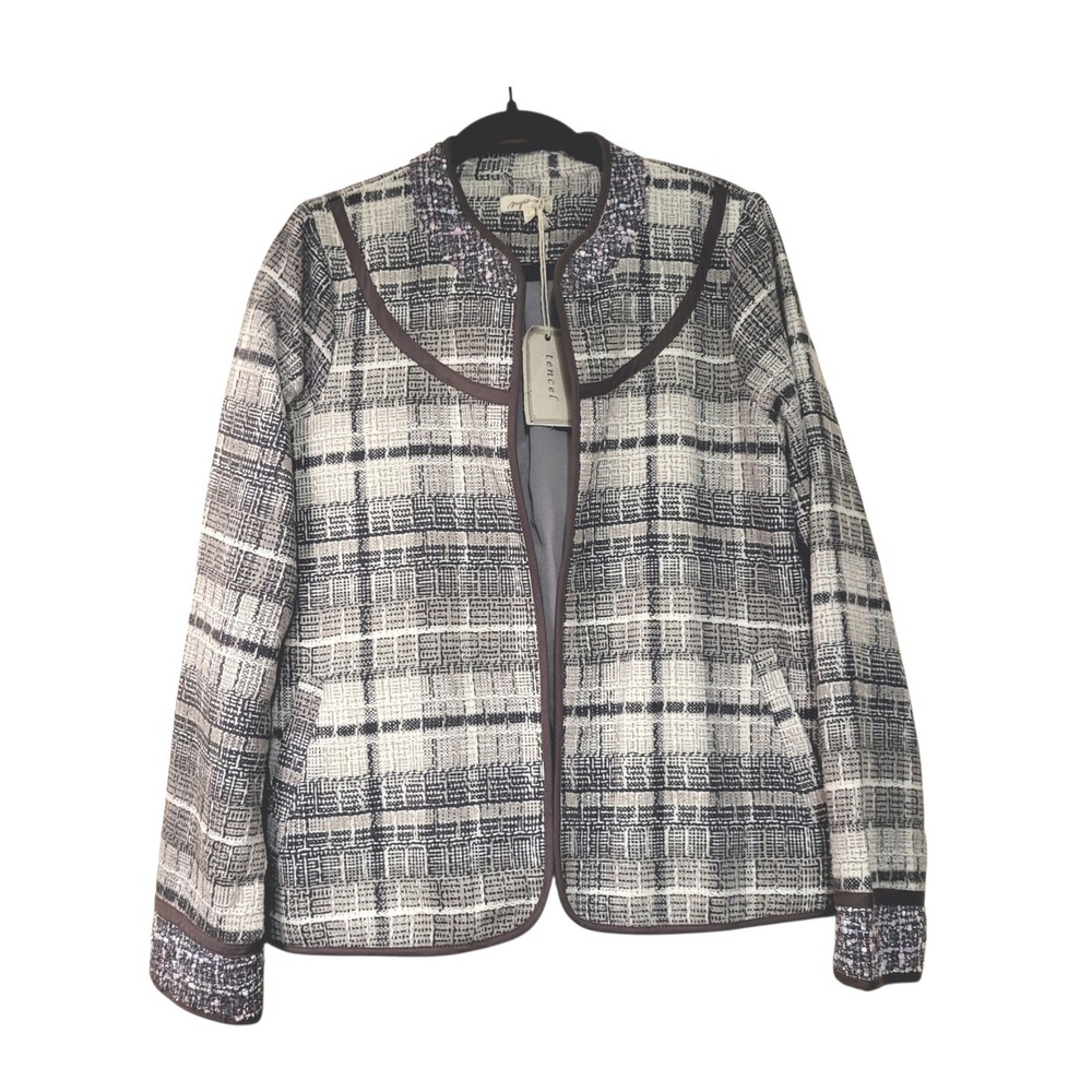 Mystree Womens L 12 NWT Artsy Plaid Tencel Linen Bl. Textured Open Jacket Fall - Picture 9 of 12